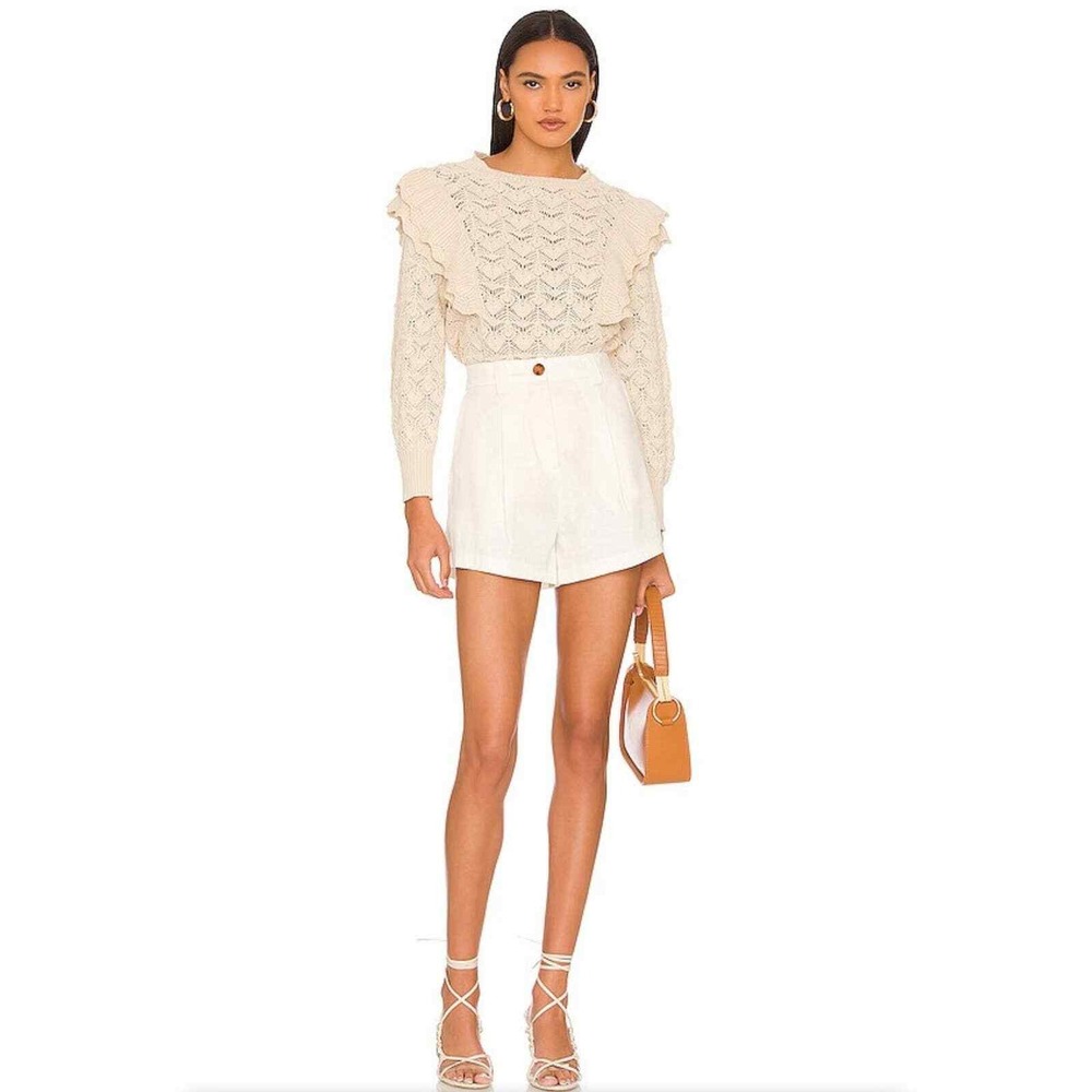 LINE + DOT Diane Sweater  Women Large Cream Ruffle Pointelle Knit Crochet Crew